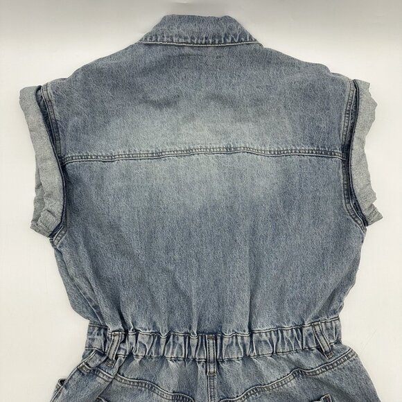 Blank NYC Women's Size Medium 80s Retro Snap Button Light Wash Denim Jean Romper - Picture 13 of 13